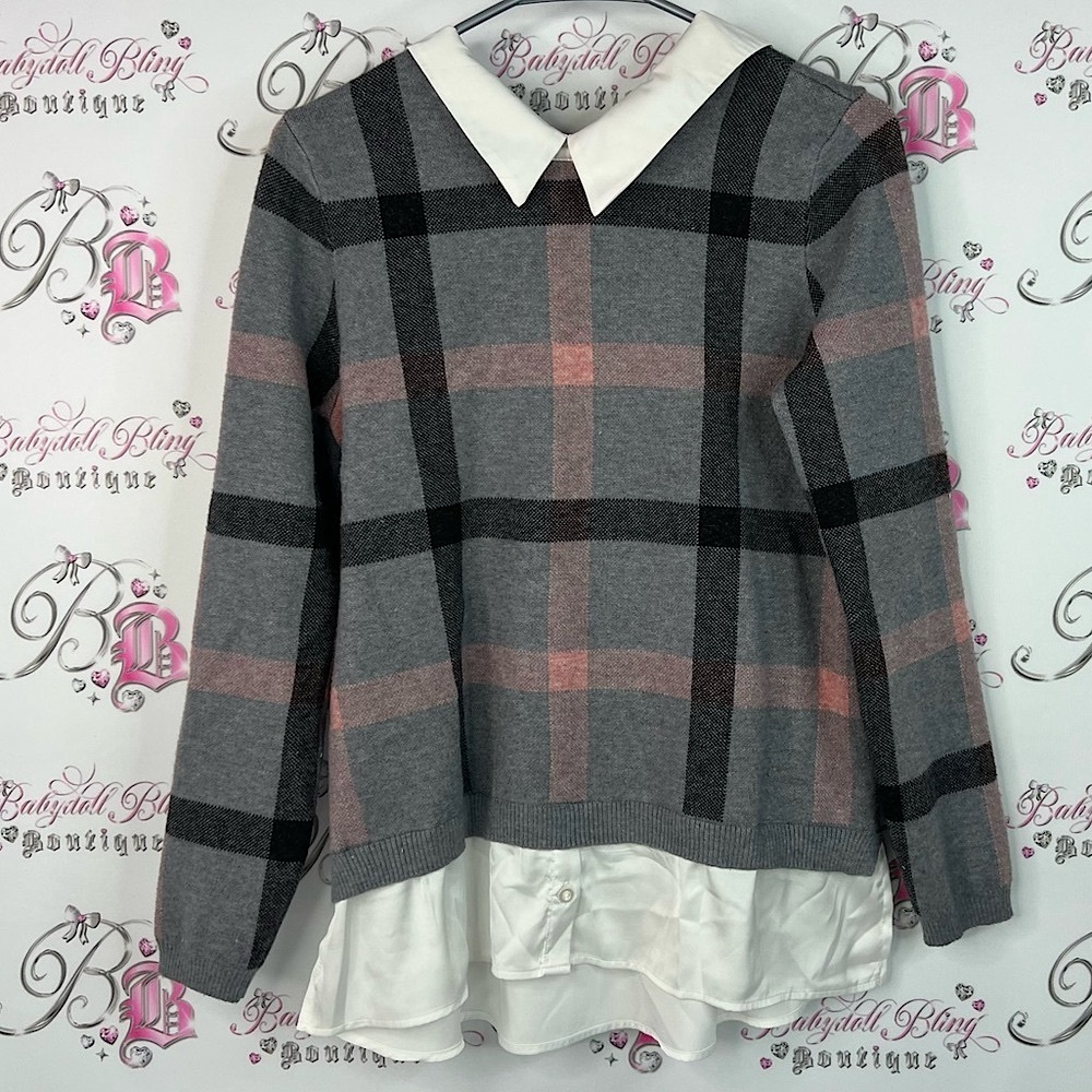 Tahari shirt dual preppy plaid Pink and Gray Knit Sweater with White Trim